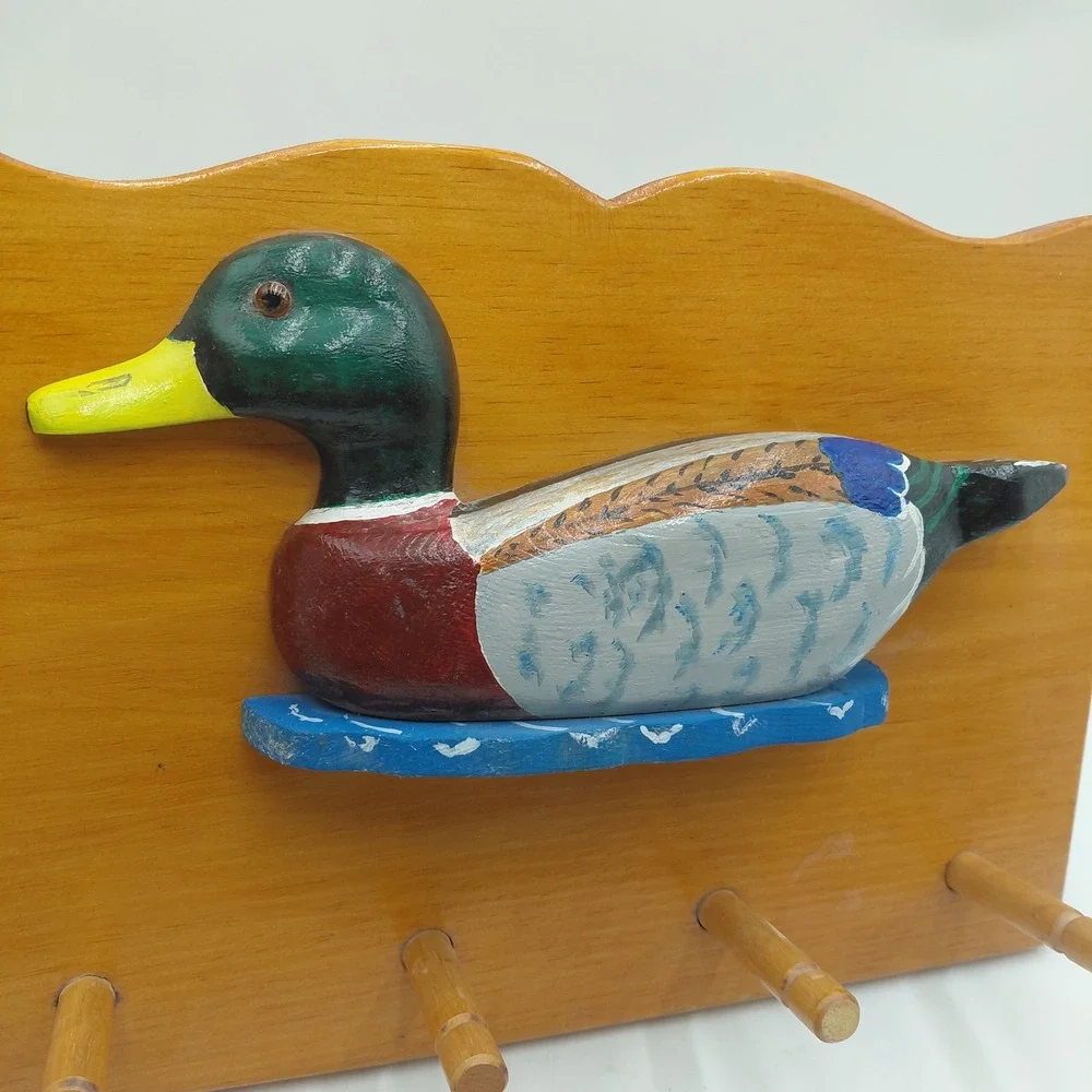 Vintage Hand Carved Painted Mallard Duck Wooden Wall 4 Peg Rack Cabin Cottage